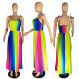 Color Printed Dye Back Pleated Strap Dress