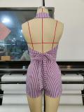 Stylish Stripe Print Tie Strap Open Back Vest Set