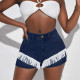 High Waist Slim Fit Solid Fringed Denim Shorts