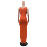 Popular Sleeveless Solid Color Pleated Slit Dress