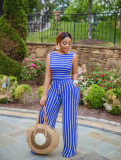 New Striped Crew Neck Vest Wide Leg Two-piece Set