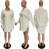 New Solid Color Button Shirt Dress With Slits On Both Sides