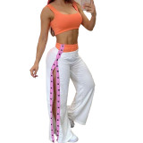 Casual Side Button Open Wide Leg Pant Tank Top Two Piece