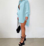 New Solid Color Button Shirt Dress With Slits On Both Sides