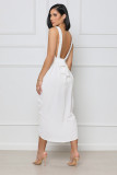 Sexy Backless Solid Color Pleated Temperament Waist And Split Dress