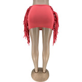Sexy Tight Solid Color Fringe Lace-Up Skirt