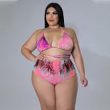 Summer Beach Sexy Printed Mesh Yarn Swimsuit Three-piece Set