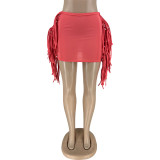 Sexy Tight Solid Color Fringe Lace-Up Skirt