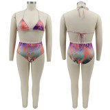 Summer Beach Sexy Printed Mesh Yarn Swimsuit Three-piece Set