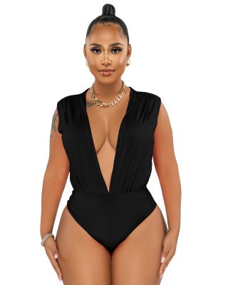 Deep V Sexy Fashion Pleated One Piece Ladies Swimsuit
