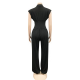 Solid Color Sexy Deep V Sleeveless Hollow Jumpsuit