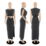 Round Neck Solid Color Slit Tie Skirt Two-piece Set