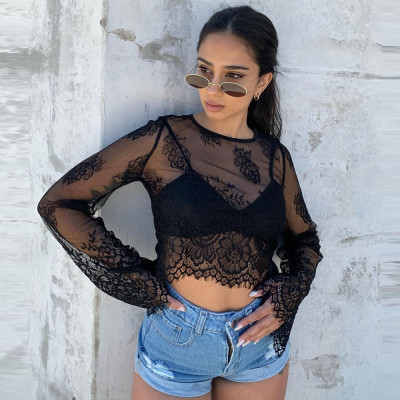 Sexy Cutout Cropped Navel Long Sleeve Crew Neck Lace Top T-Shirt
