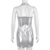 Sexy Halterneck Sleeveless Cutout Zip High Elastic Leather Dress