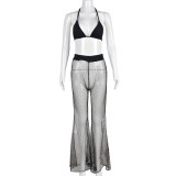 Sexy Wrap Chest Tie Mesh Sheer Wide Leg Pants Two-Piece Set