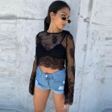 Sexy Cutout Cropped Navel Long Sleeve Crew Neck Lace Top T-Shirt
