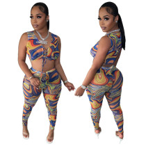 Fashion Sexy Printed Mesh Yarn Perspective Two-piece Set