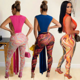 Fashion Sexy Mesh Gauze Print Trousers Two-piece Set
