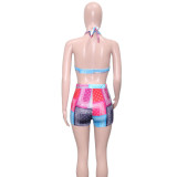 Sexy Sleeveless Halter Bikini Print Stretch Shorts Set