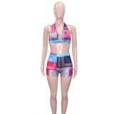 Sexy Sleeveless Halter Bikini Print Stretch Shorts Set