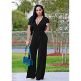 New V-neck Stitching Solid Color Jumpsuit