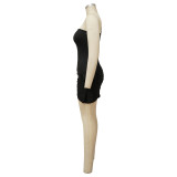 Oblique Shoulder Solid Color Sleeveless Lace-up Pack Hip Dress