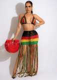 Sexy Tube Top Fringe Braided Color-block Beach Skirt Suit