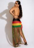 Sexy Tube Top Fringe Braided Color-block Beach Skirt Suit