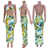 Fashion Sexy Wrap Chest Lace Print Dress Two-piece Set