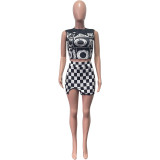 Fashion Tank Top Checkered Slightly Slit Skirt Two Piece Set