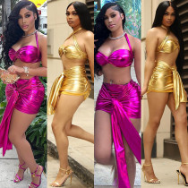 Lace Up Sexy Nightclub Style Hot Gold Elastic Leather Two-piece Suit