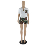 Camouflage Short Sleeve Shorts Panel Elastic Two-Piece Set