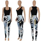 Fashion Sexy Solid Color Top Print Trousers Two Piece Set
