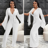 Solid Color Sexy Deep V Tie Wrinkled Wide-sleeved Trousers Jumpsuit