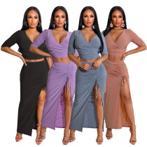 Smocked V-Neck T-Shirt High Slit Drawstring Skirt Fashion Two-Piece Set