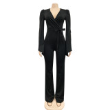 Solid Color Sexy Deep V Tie Wrinkled Wide-sleeved Trousers Jumpsuit