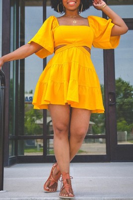 Solid Square Neck Cutout Ruffle Dress