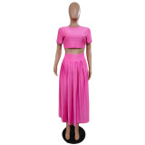 Solid Color Split Pleated Skirt Fashion Two-piece Set