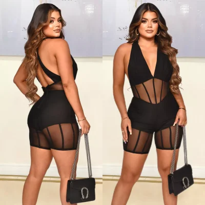 Fashion Sexy Mesh Yarn Stitching Jumpsuit