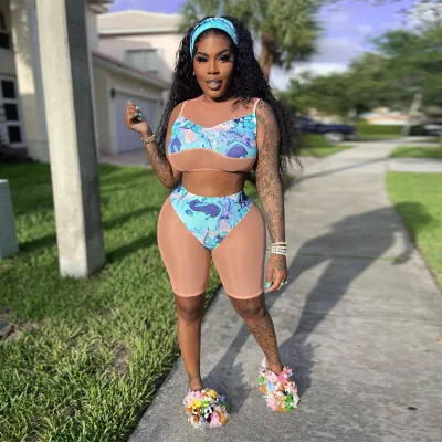 New Sexy Mesh Yarn Patchwork Print Suit