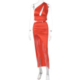Solid Color Single Shoulder Open Back Wrap Chest Skirt Two-piece Set