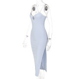 Solid Color V-Neck Backless Lace-Up Slit Dress