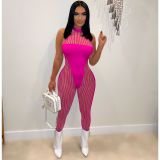 Solid Color Mesh Yarn Stitching Sexy Perspective Slim Bodysuit