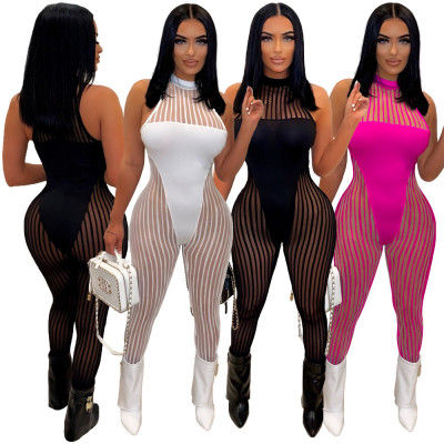 Solid Color Mesh Yarn Stitching Sexy Perspective Slim Bodysuit