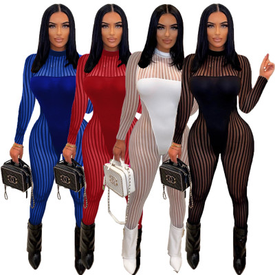 Sexy Mesh Gauze Striped Stitching See-through Jumpsuit