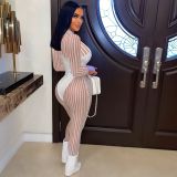 Sexy Mesh Gauze Striped Stitching See-through Jumpsuit
