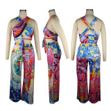 Printed Halterneck Wrap Chest Open Back Wide Leg Pants Set