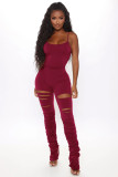 Solid Color Sling Crinkle Micro-Flare Jumpsuit
