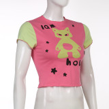 Cat Print Colorblock Cropped Cropped Navel Slim T-Shirt