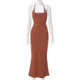 New Halterneck Lace-up Solid Color Open-back Dress